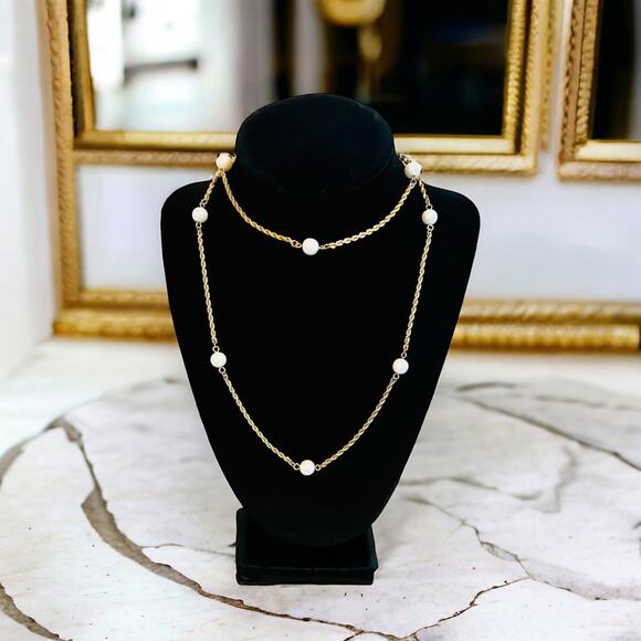 Gold Tone Faux Pearl Classic Timeless 29'' Opera Length Necklace-Rope Chain - Picture 1 of 7